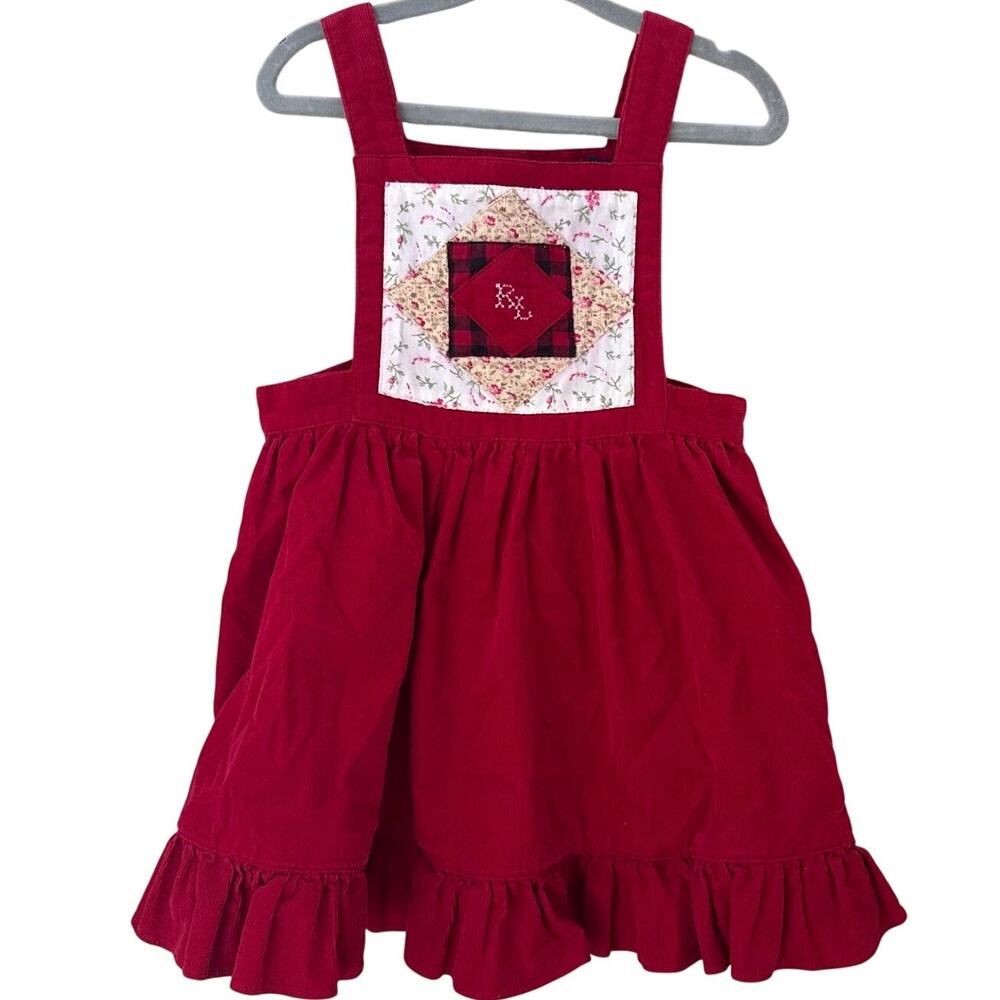 Vintage Ralph Lauren Baby Girls Red Corduroy Patchwork Jumper Pinafore Dress 24M
